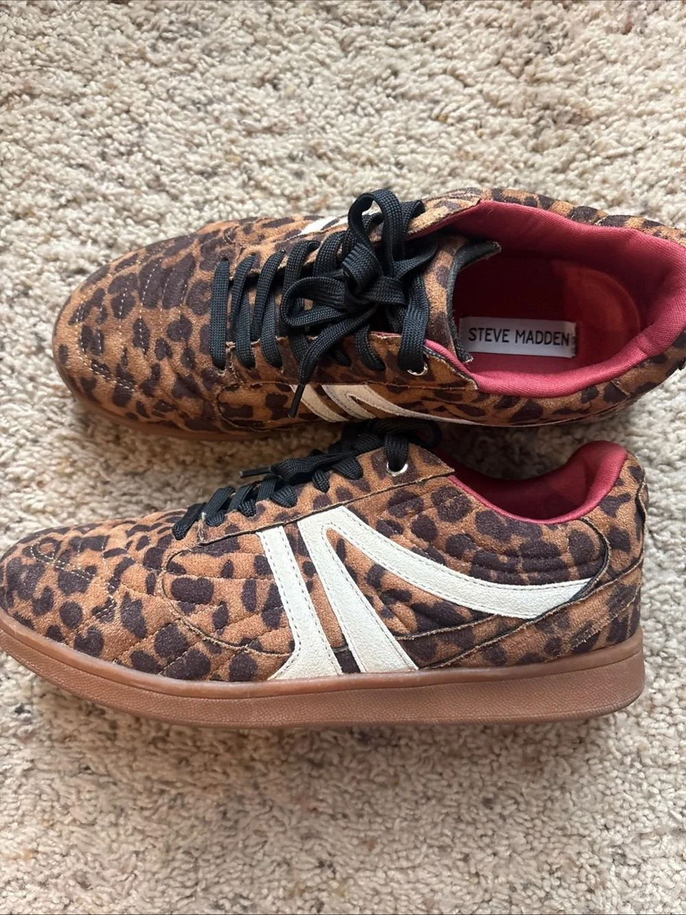 Steve Madden Leopard-Print Sneakers with White Stripes and Pink Lining